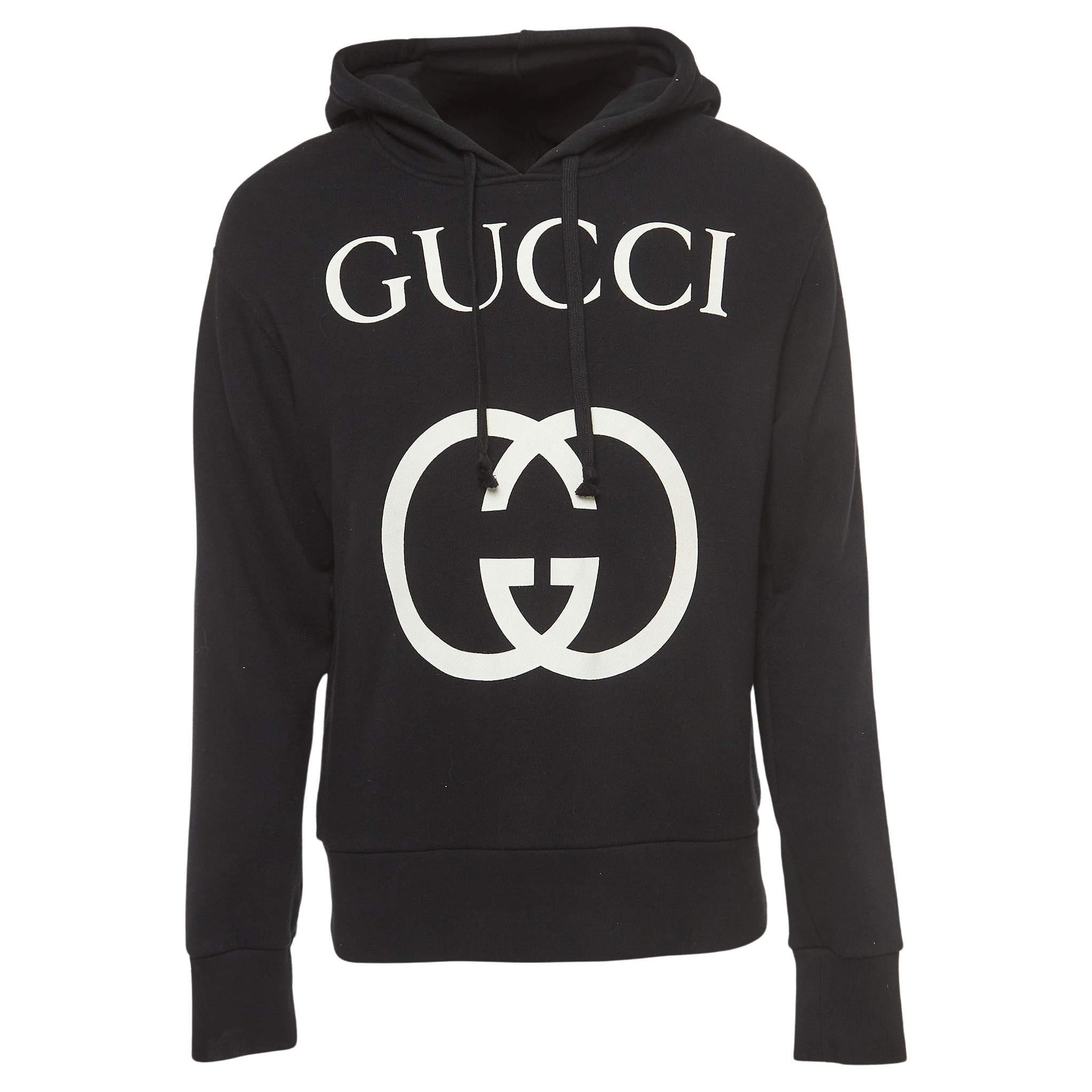 Gucci Black Logo Printed Cotton Knit Hooded Sweatshirt XS For Sale