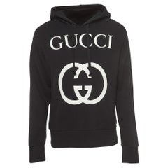 Gucci Black Logo Printed Cotton Knit Hooded Sweatshirt XS