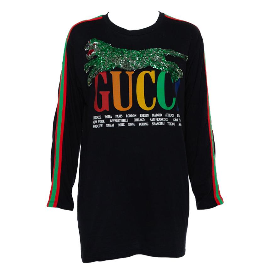 Gucci Black Logo Printed Knit Sequin Embellished Detail Long Sleeve T-Shirt XS