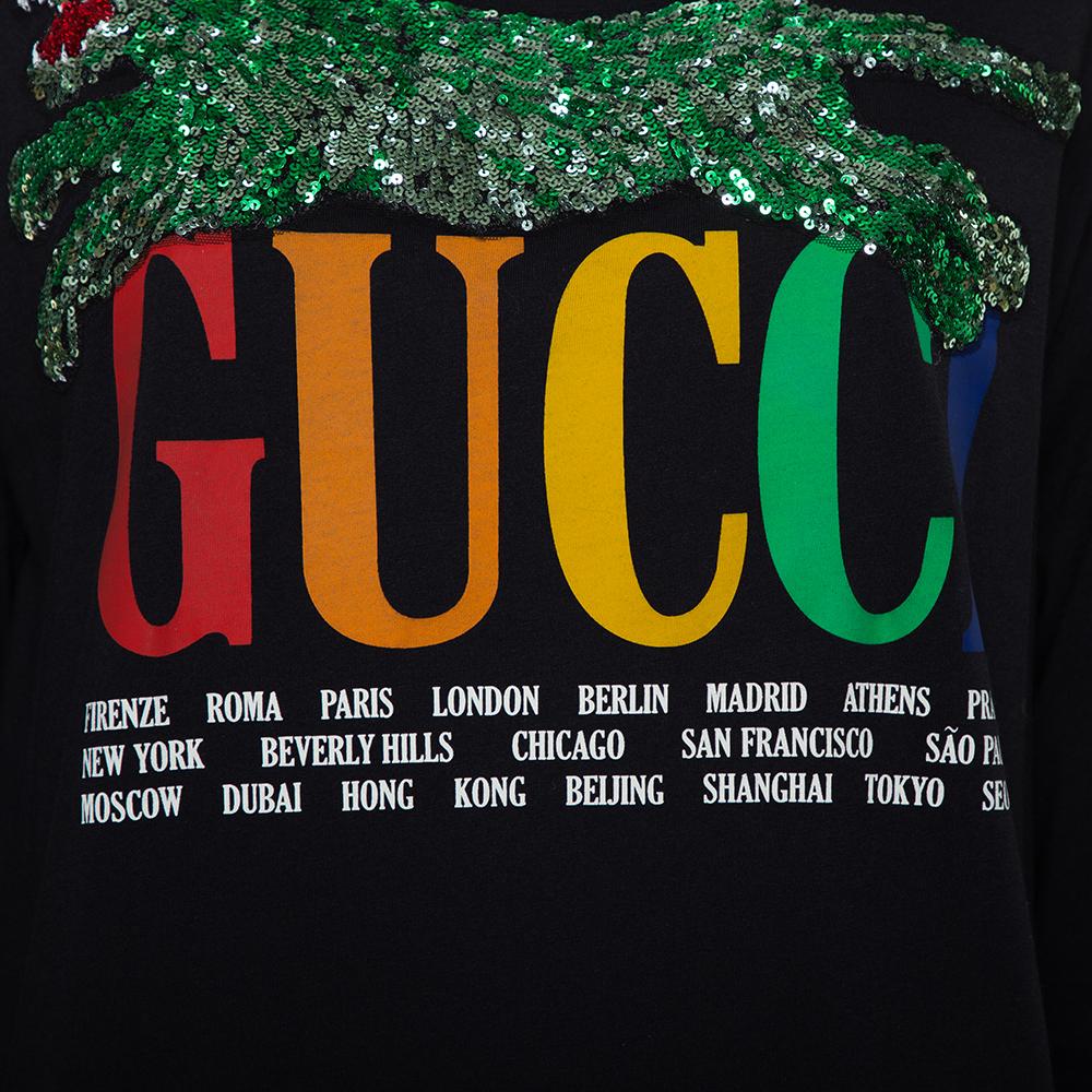 Gucci Black Logo Printed Knit Sequin Embellished Tiger Detail Long Sleeve T-Shir In Good Condition In Dubai, Al Qouz 2