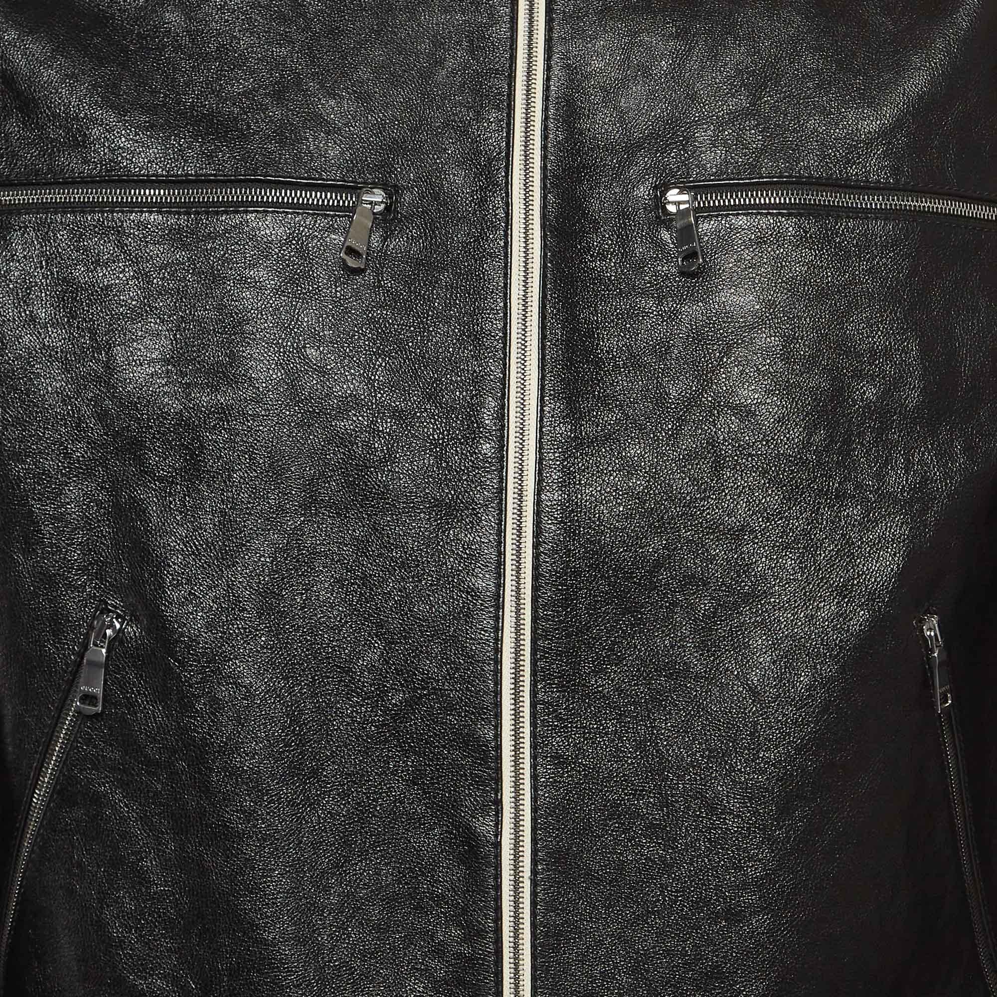 Gucci Black Logo Printed Leather Rider Jacket M In Good Condition In Dubai, Al Qouz 2