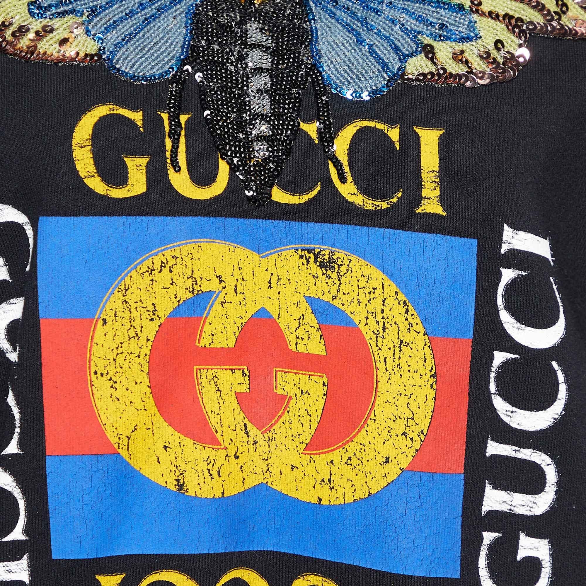 Gucci Black Logo Sequined Butterfly Cotton Oversized Sweatshirt XS For Sale 1