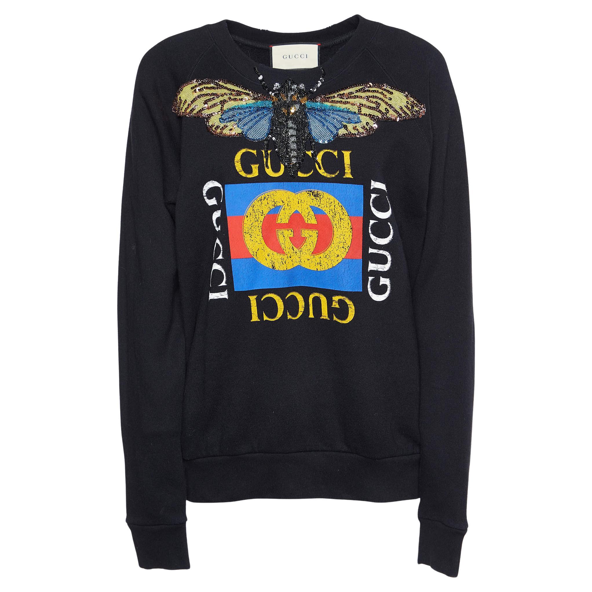 Gucci Black Logo Sequined Butterfly Cotton Oversized Sweatshirt XS For Sale