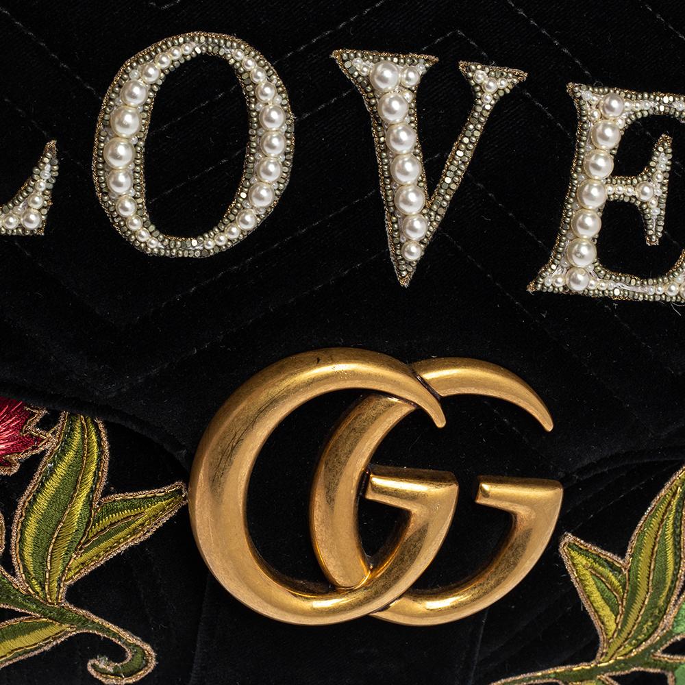 Gucci Black Love Embroidered Matelassé Velvet Medium GG Marmont Shoulder Bag 3