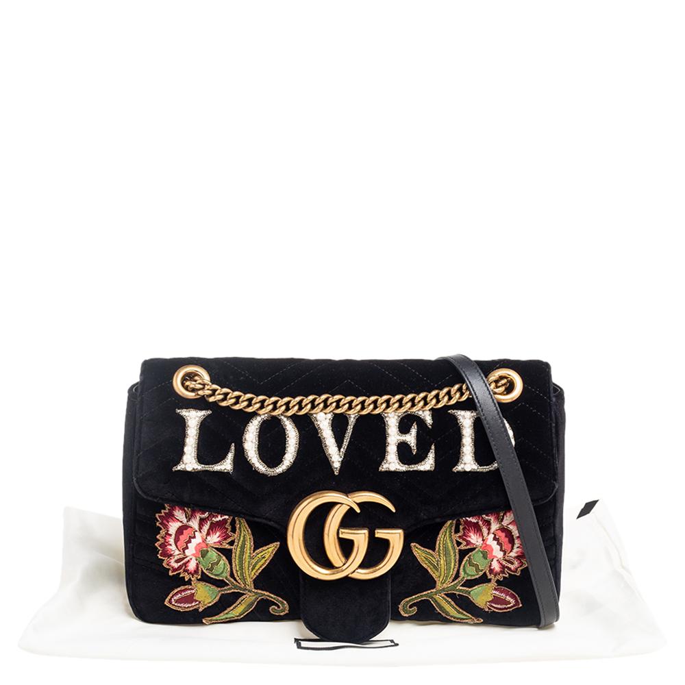 Gucci Black Love Embroidered Matelassé Velvet Medium GG Marmont Shoulder Bag 6