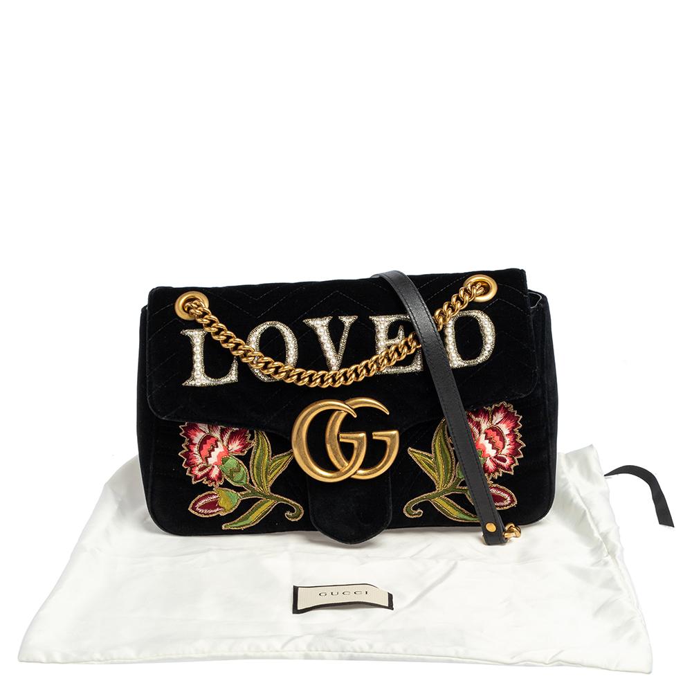 Gucci Black Love Embroidered Matelassé Velvet Medium GG Marmont Shoulder Bag 7