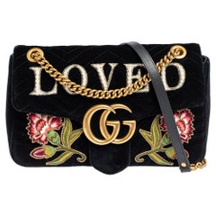 Gucci Black Love Embroidered Matelassé Velvet Medium GG Marmont Shoulder Bag