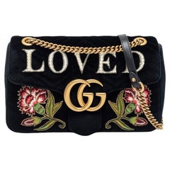 Gucci Black Love Embroidered Matelassé Velvet Medium GG Marmont Shoulder Bag