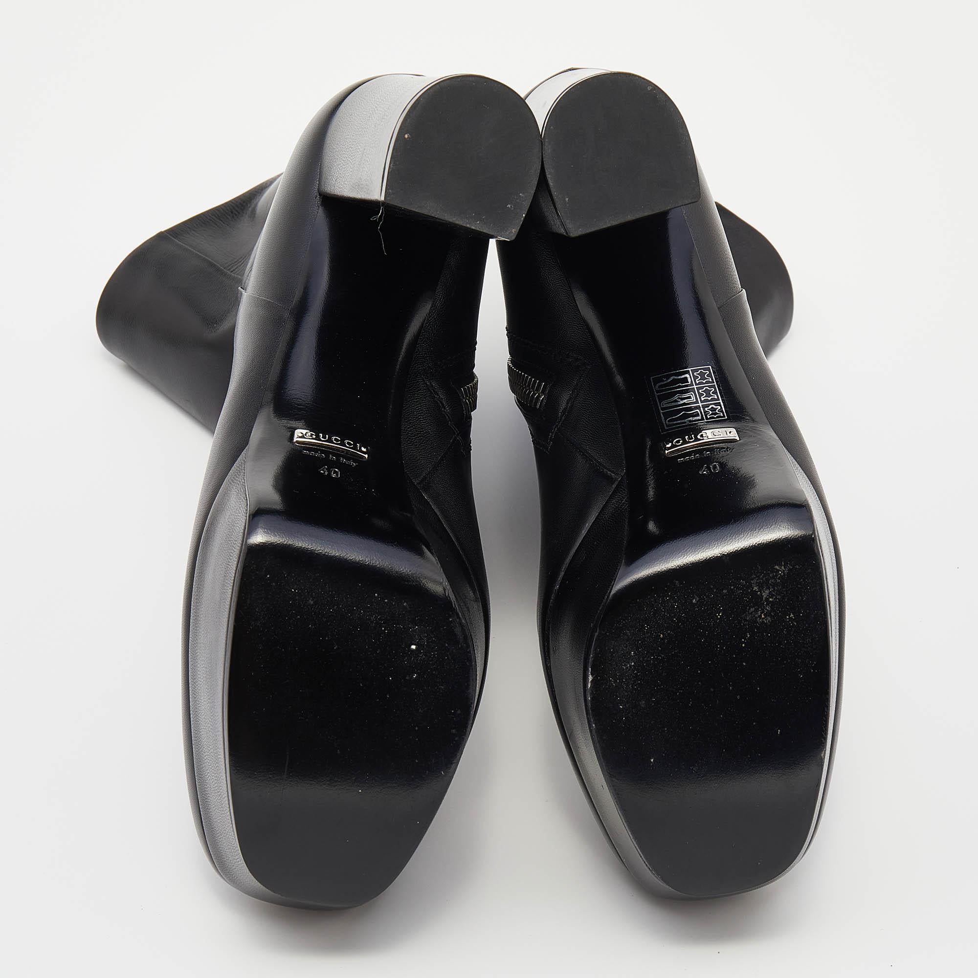 Gucci Black Malaga Leather Platform Block Heel Mid Calf Boots Size 40 2