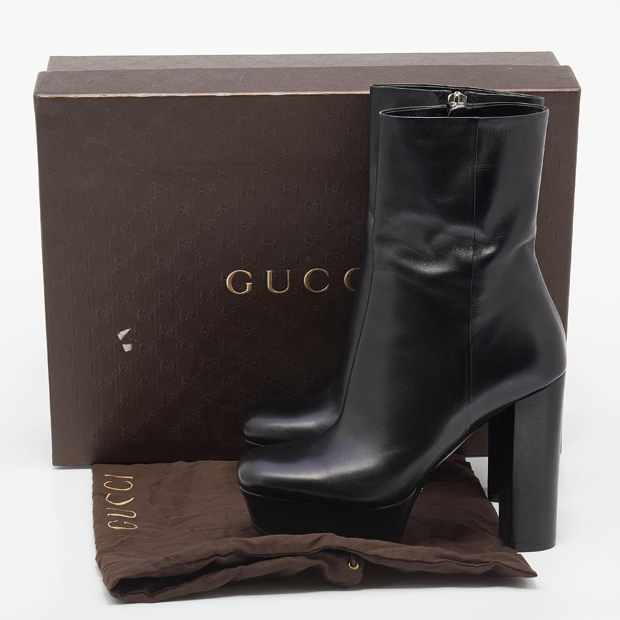 Gucci Black Malaga Leather Platform Block Heel Mid Calf Boots Size 40 4