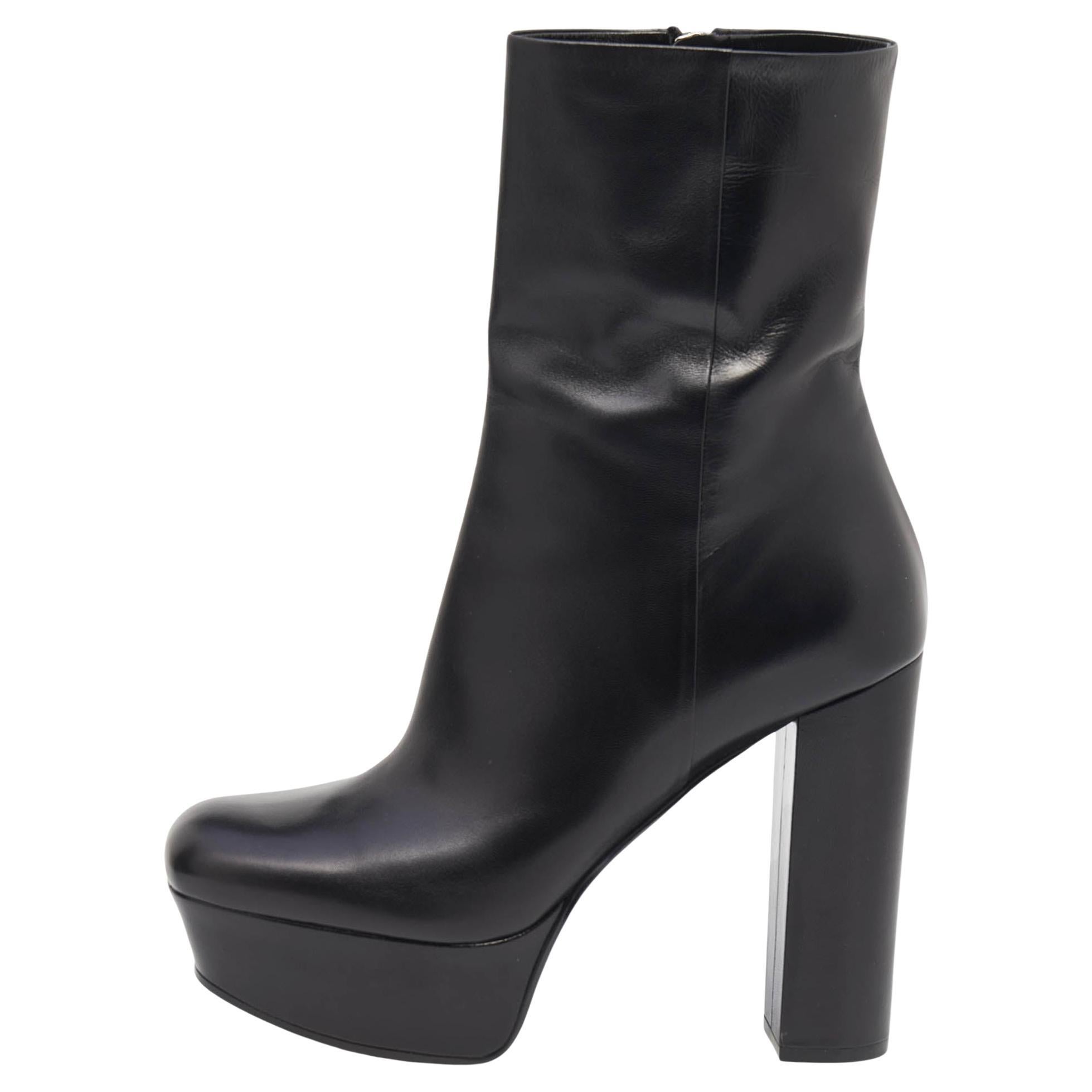Gucci Black Malaga Leather Platform Block Heel Mid Calf Boots Size 40