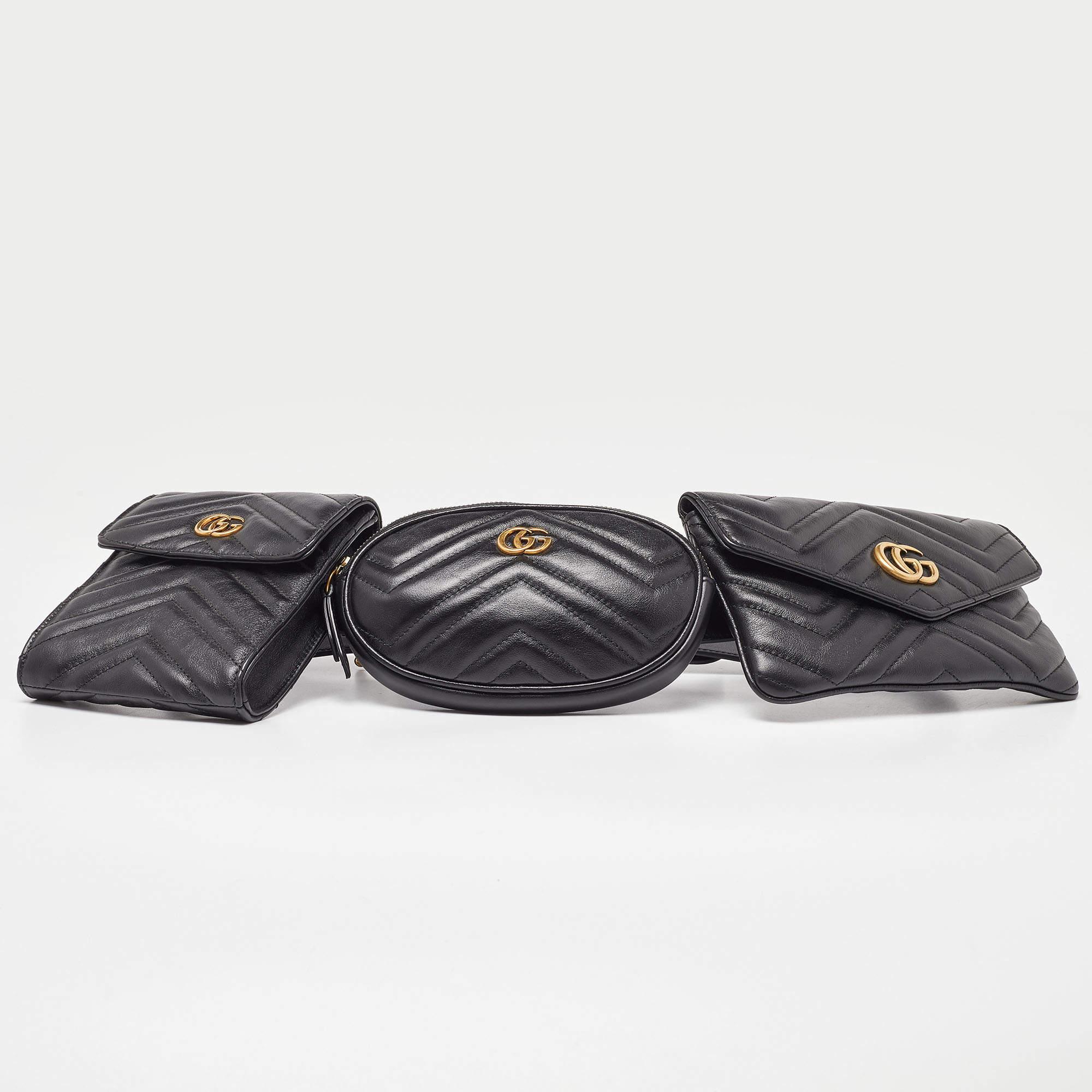 Waist bags are back on trend and we are not disappointed! This one from Gucci is a fine choice for you to join the trend. Made from Matelassé leather, the black triple belt bag comes with gold-tone hardware.

Height: 12cm / 15cm / 11cm
