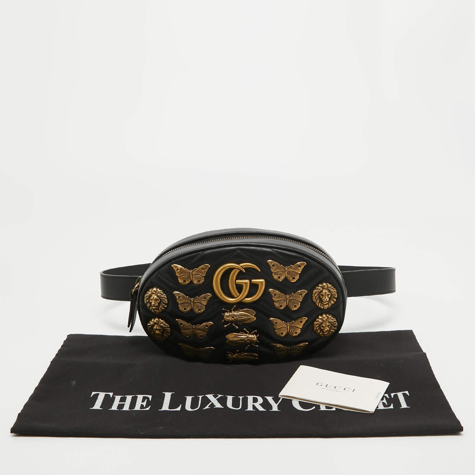 Gucci Black Matelassé Leather GG Marmont Animal Stud Belt Bag 8