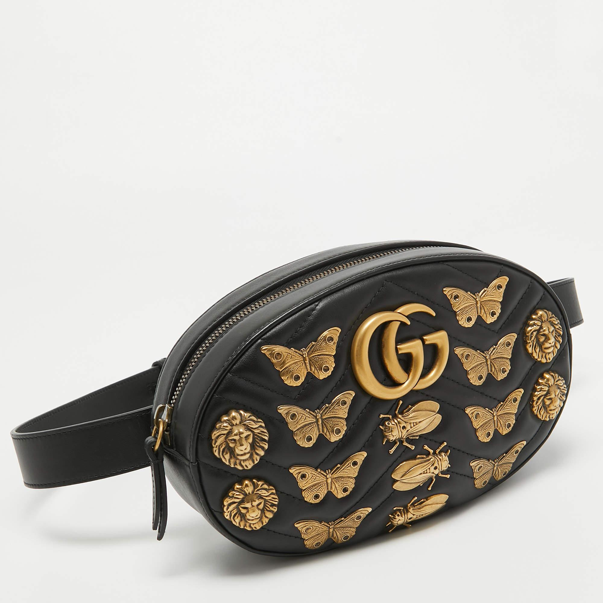 Gucci Black Matelassé Leather GG Marmont Animal Stud Belt Bag In Excellent Condition In Dubai, Al Qouz 2