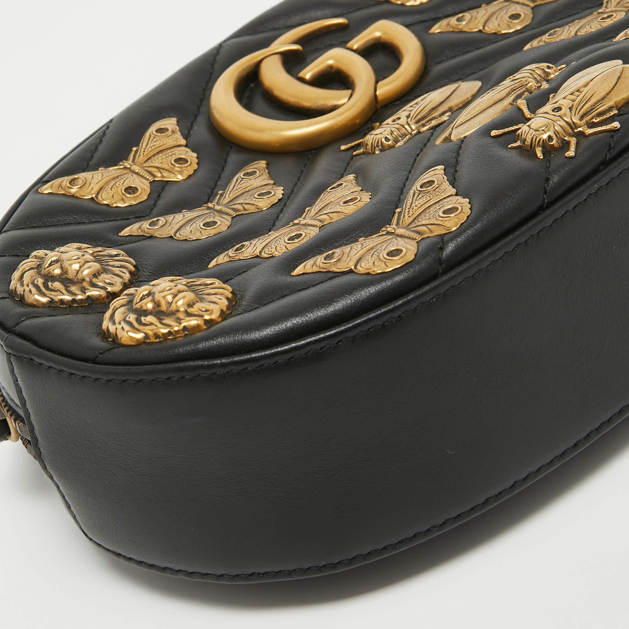 Women's Gucci Black Matelassé Leather GG Marmont Animal Stud Belt Bag