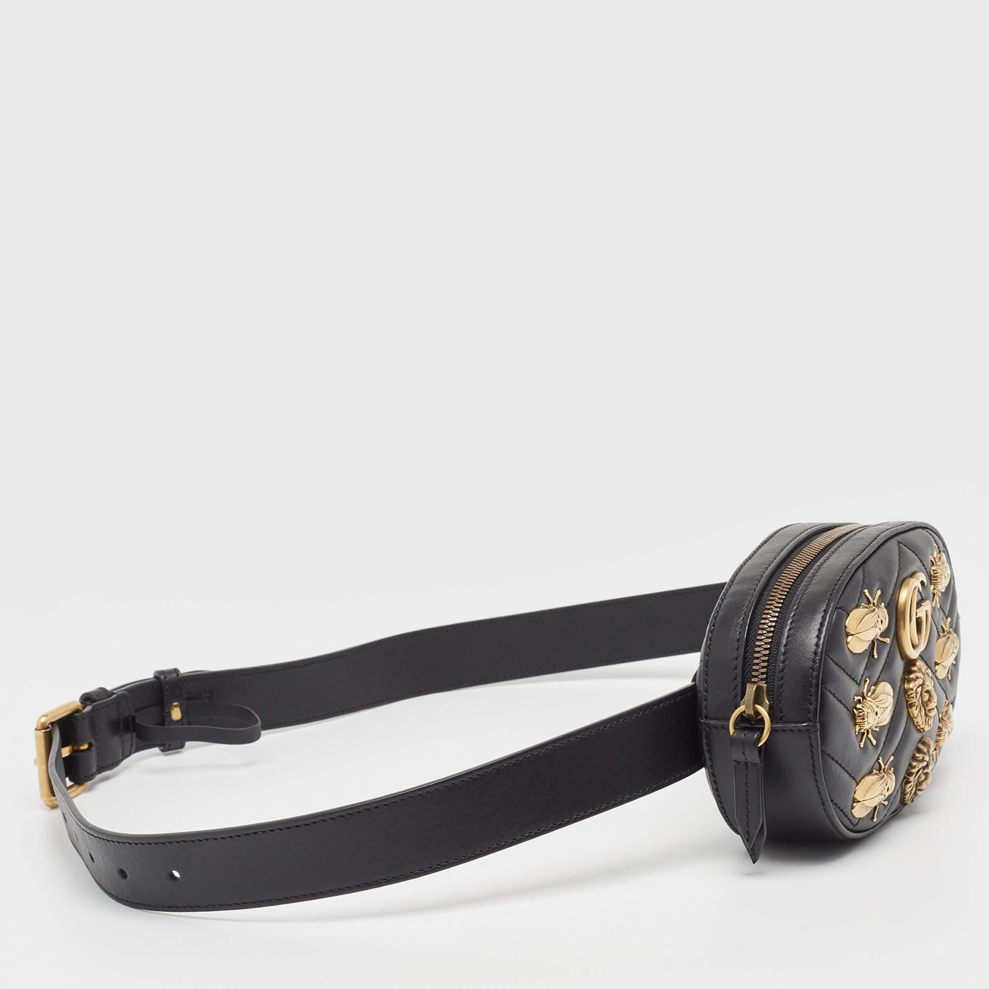 Women's Gucci Black Matelassé Leather GG Marmont Animal Stud Belt Bag
