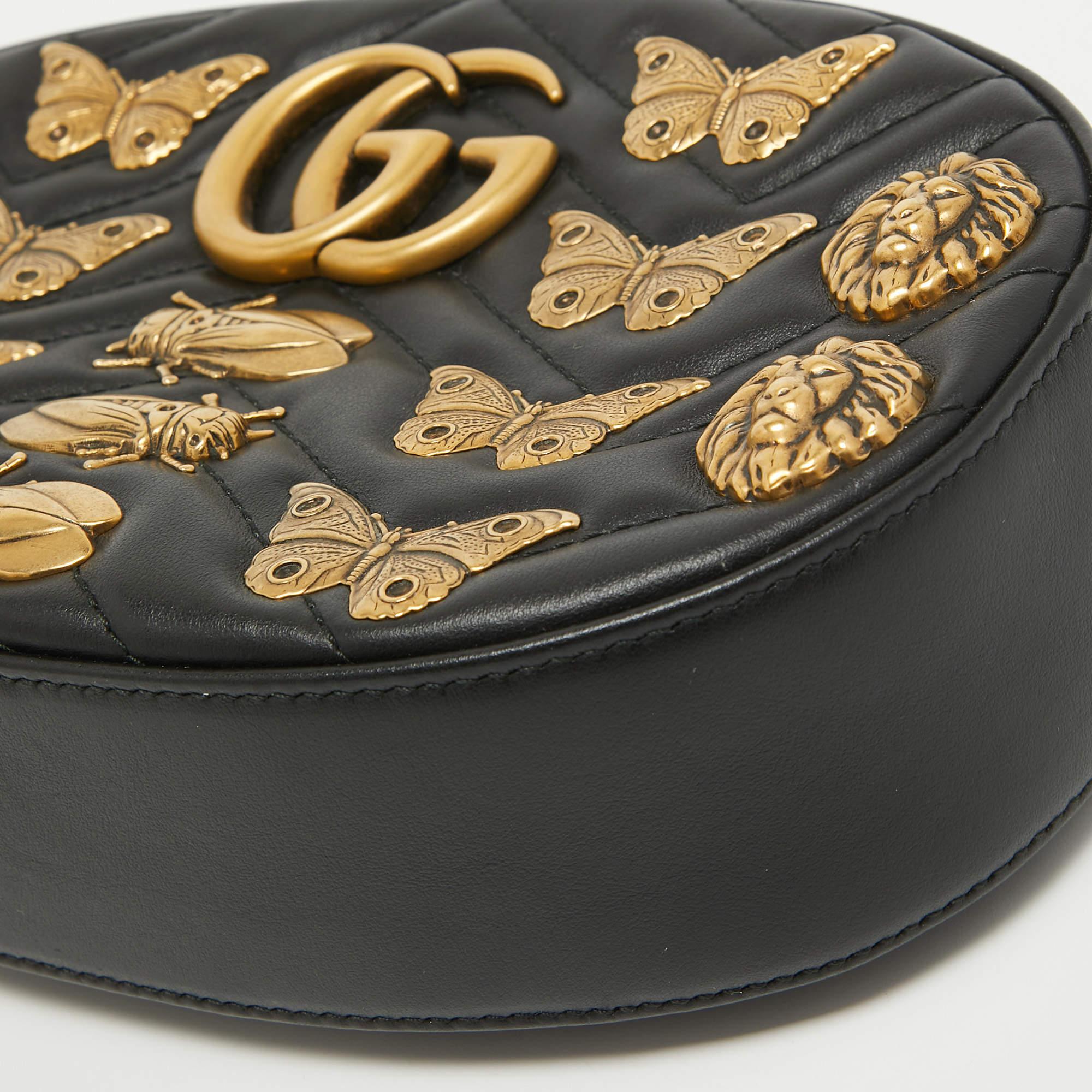 Gucci Black Matelassé Leather GG Marmont Animal Stud Belt Bag 1
