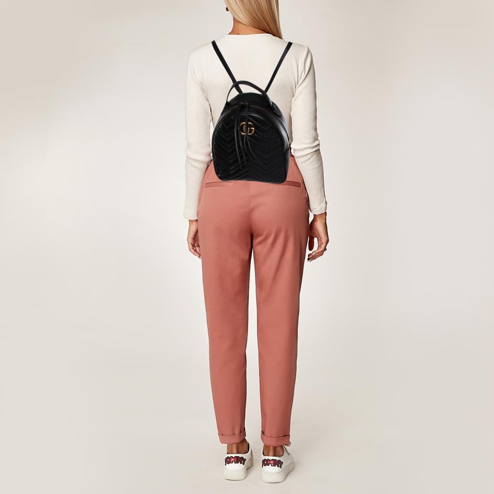 Gucci Black Matelassé Leather GG Marmont Backpack In Good Condition In Dubai, Al Qouz 2