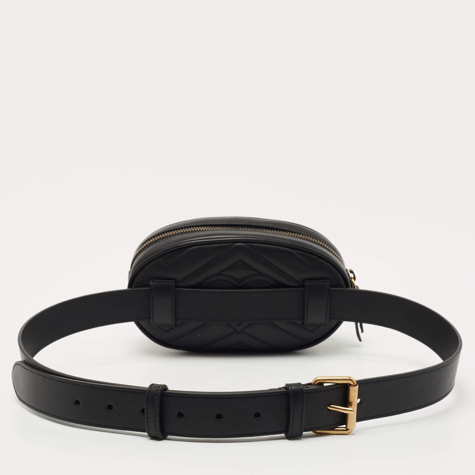 Innovative and sophisticated, this Gucci Marmont belt bag evokes a sense of classic glamour. Finely crafted from matelassé leather, it gets a luxe update with a double 'G' motif on the front and features an Alcantara-lined interior.

Includes: