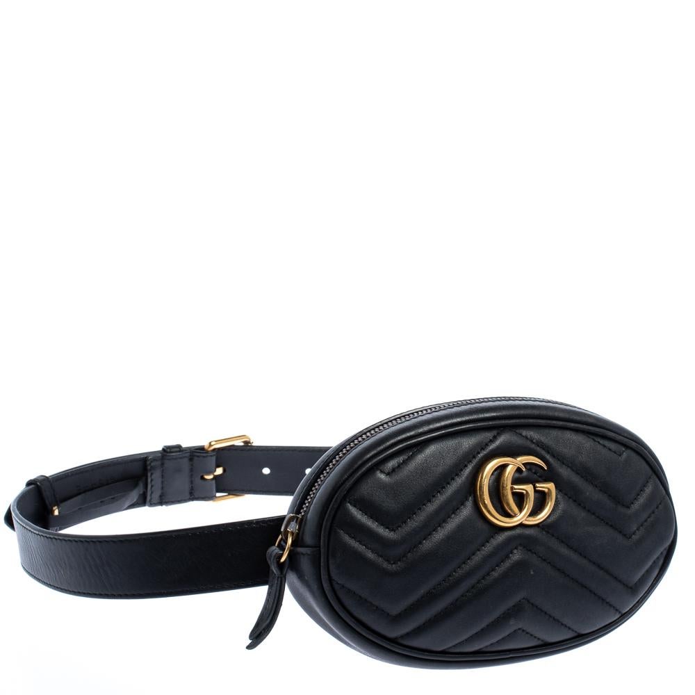Women's Gucci Black Matelasse Leather GG Marmont Belt Bag