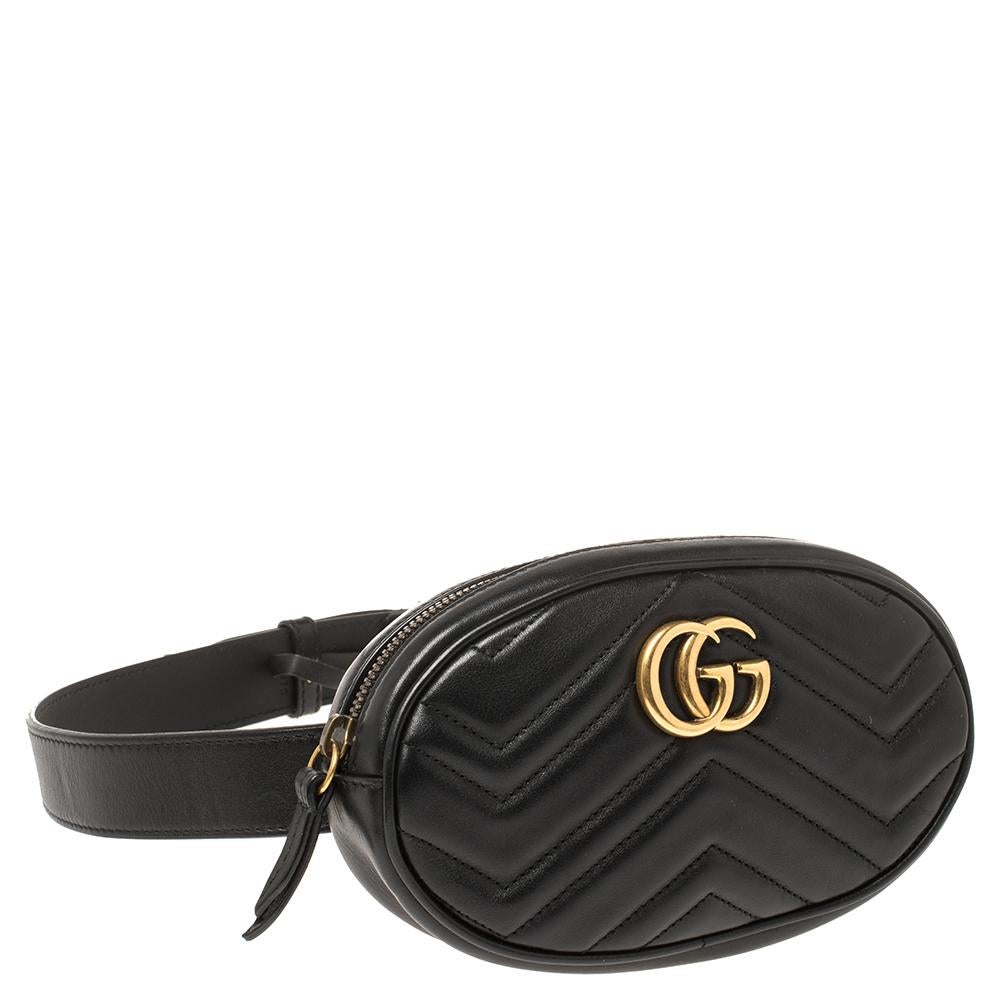 Women's Gucci Black Matelassé Leather GG Marmont Belt Bag