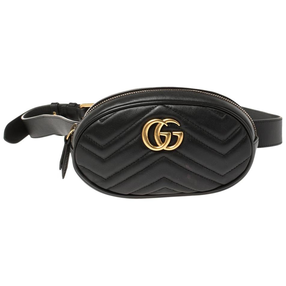 Gucci Black Matelassé Leather GG Marmont Belt Bag