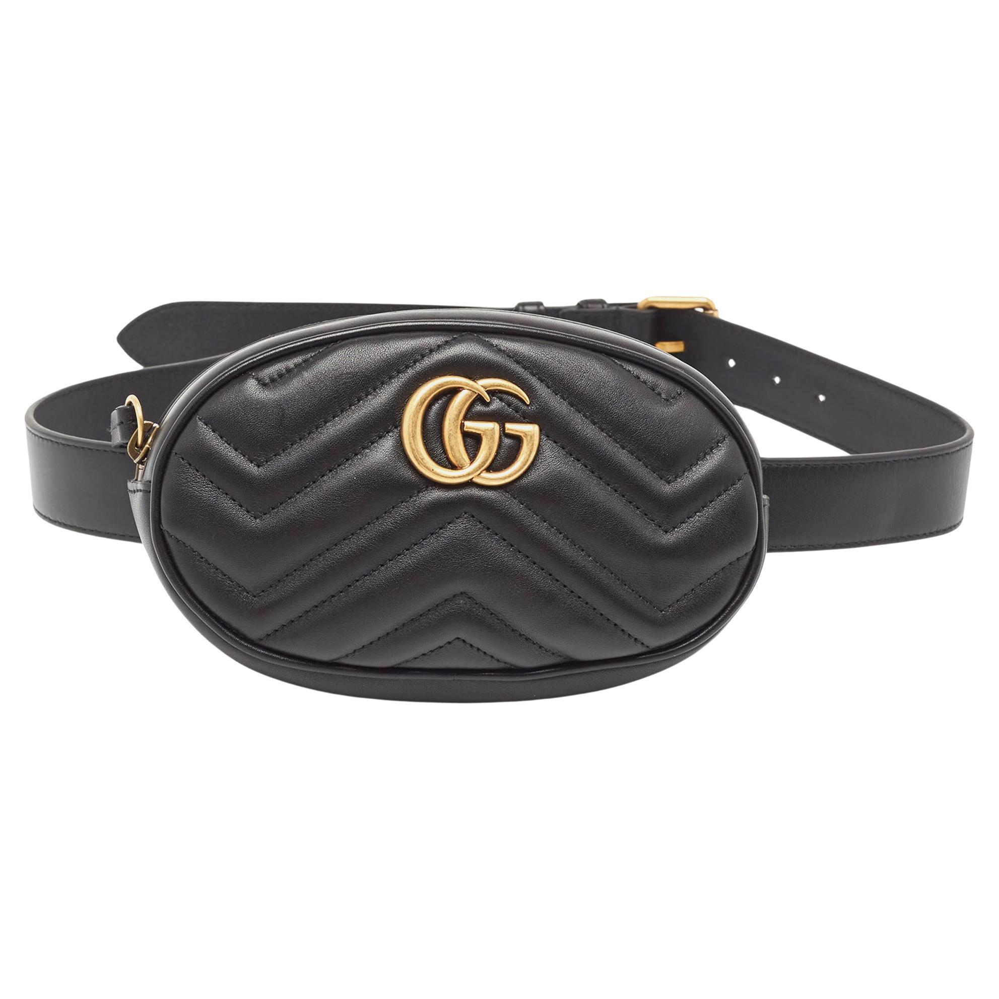 Gucci Black Matelassé Leather GG Marmont Belt Bag For Sale