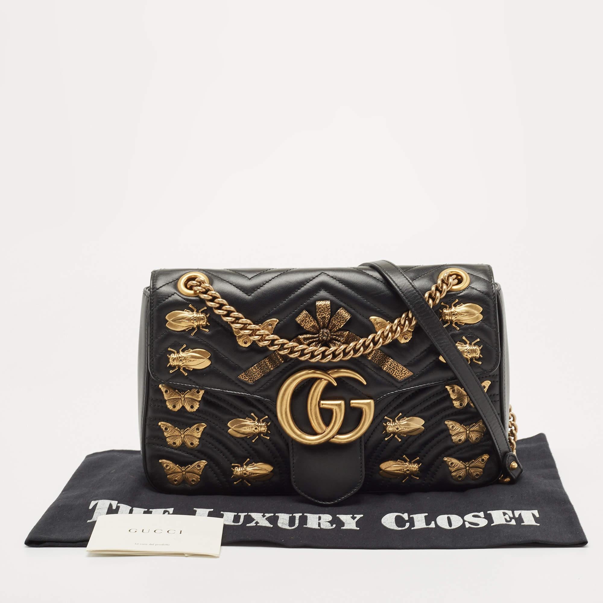 Gucci Black Matelasse Leather Medium GG Marmont Animal Studs Shoulder Bag 12