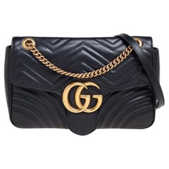 Gucci Black Matelassé Leather Medium GG Marmont Shoulder Bag