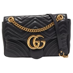 Used Gucci Black Matelassé Leather Medium GG Marmont Shoulder Bag