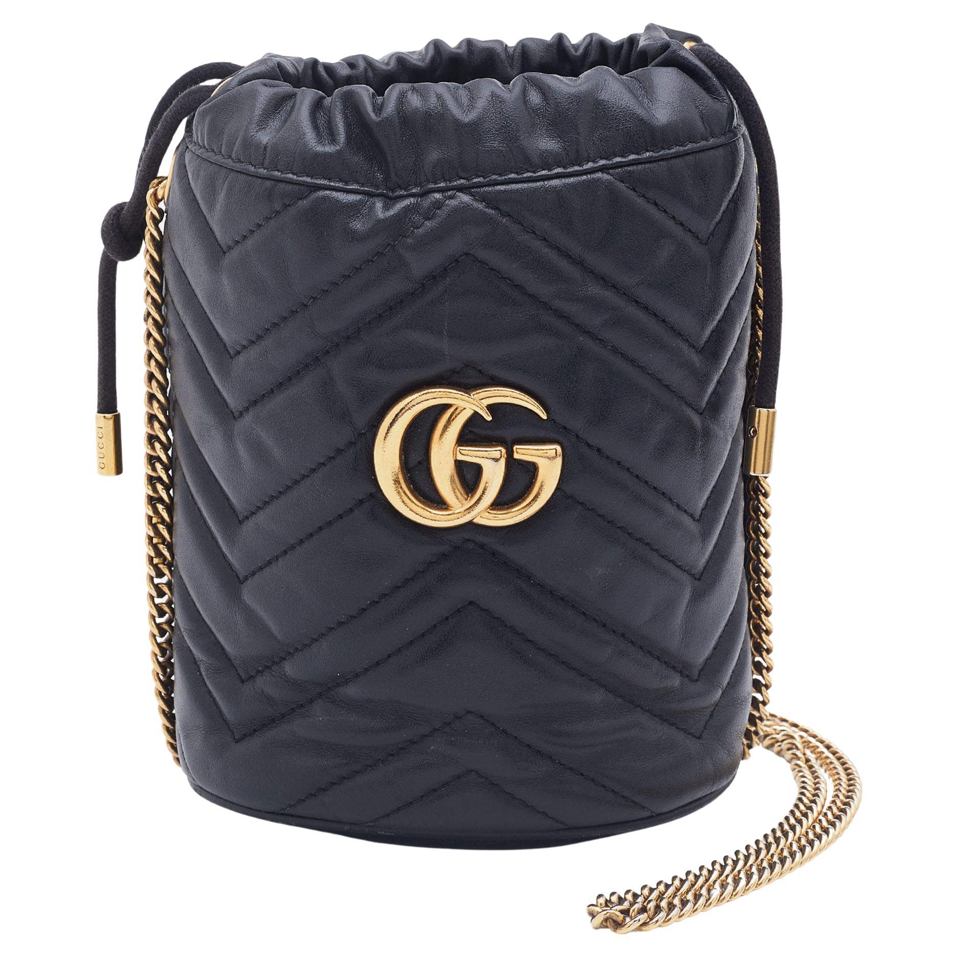 Gucci Black Matelassé Leather Mini GG Marmont Bucket Bag For Sale