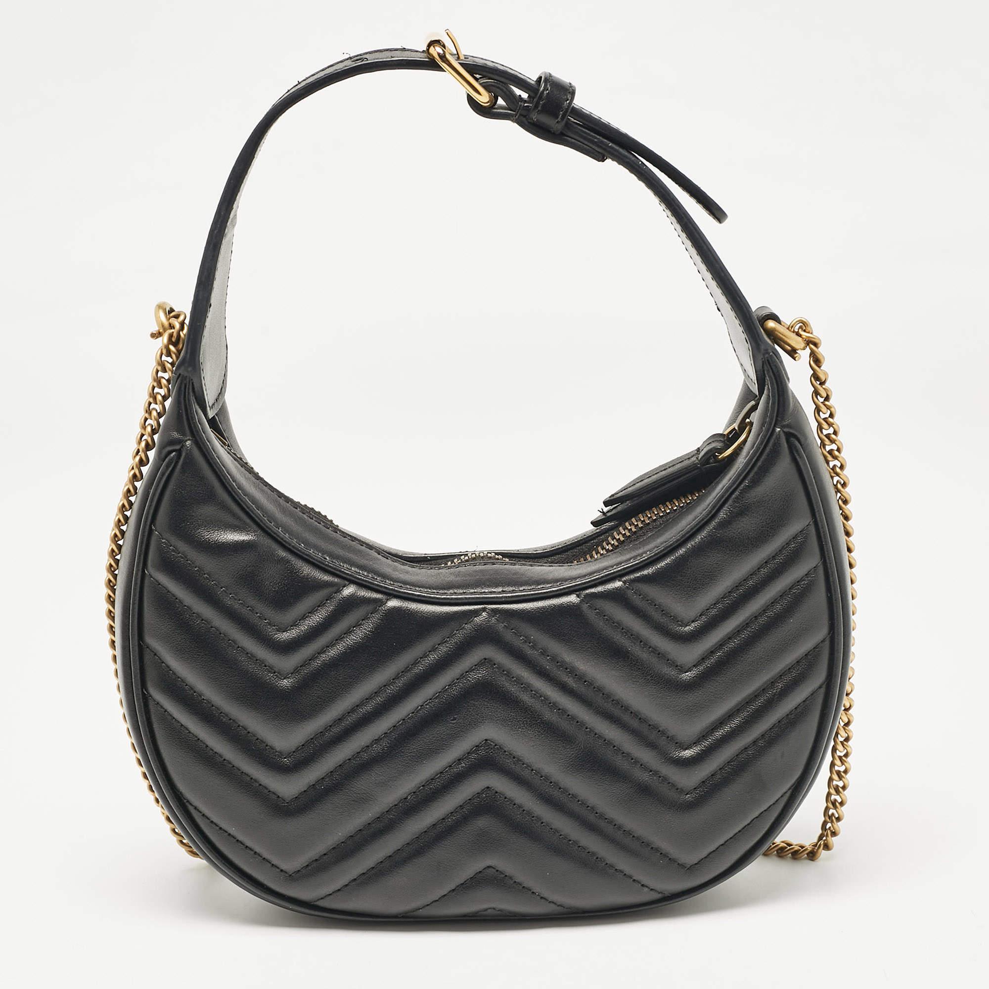 Women's Gucci Black Matelassé Leather Mini GG Marmont Crescent Shoulder Bag For Sale