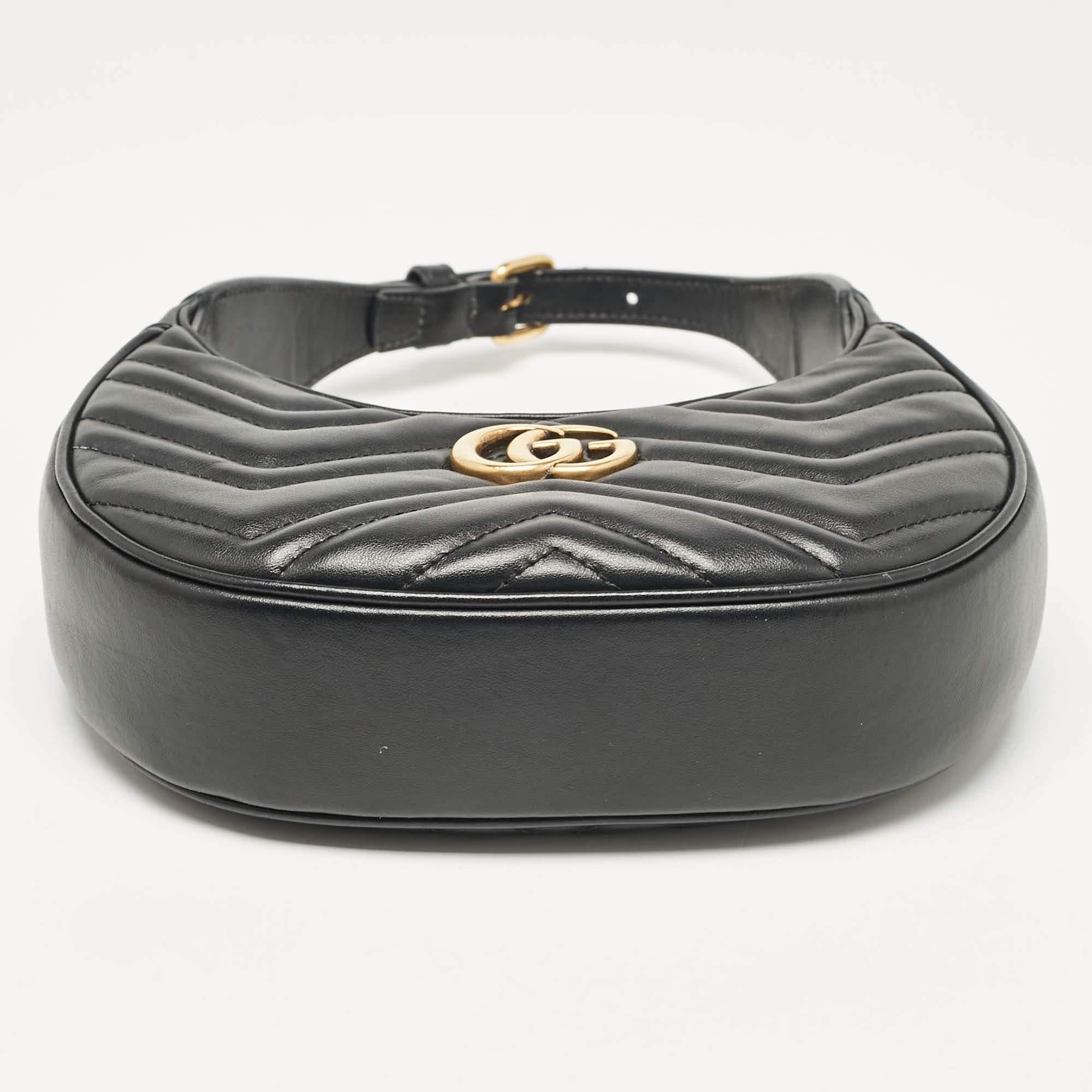Gucci Black Matelassé Leather Mini GG Marmont Crescent Shoulder Bag For Sale 2