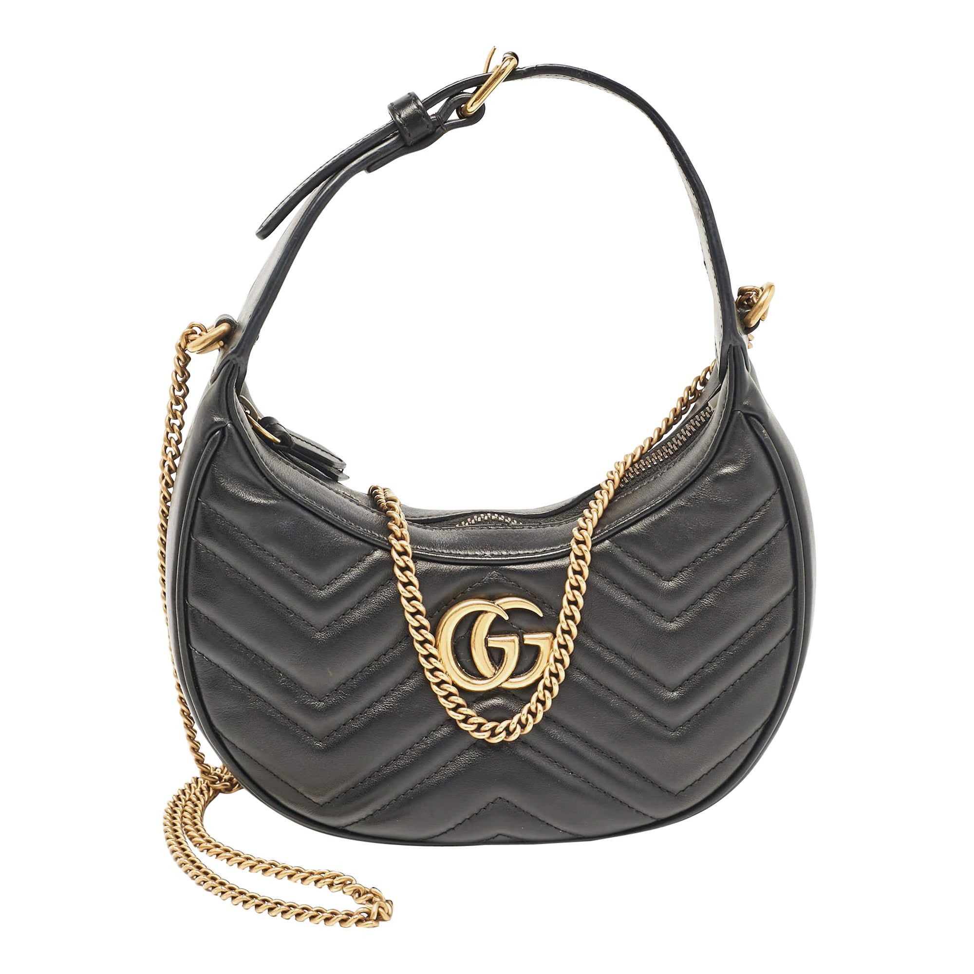 Gucci Black Matelassé Leather Mini GG Marmont Crescent Shoulder Bag