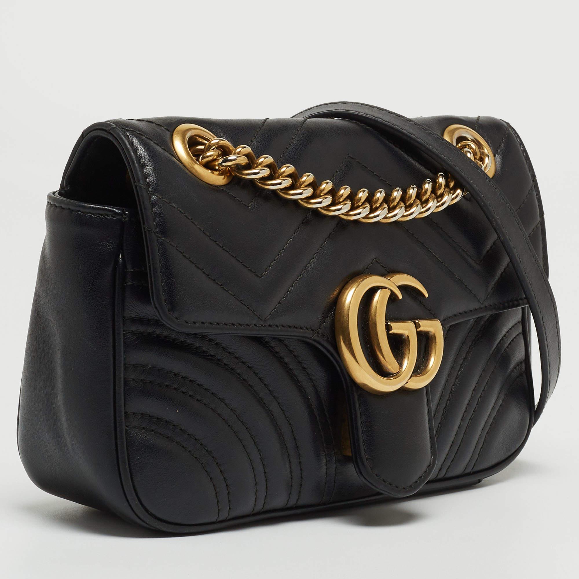 Women's Gucci Black Matelasse Leather Mini GG Marmont Crossbody Bag