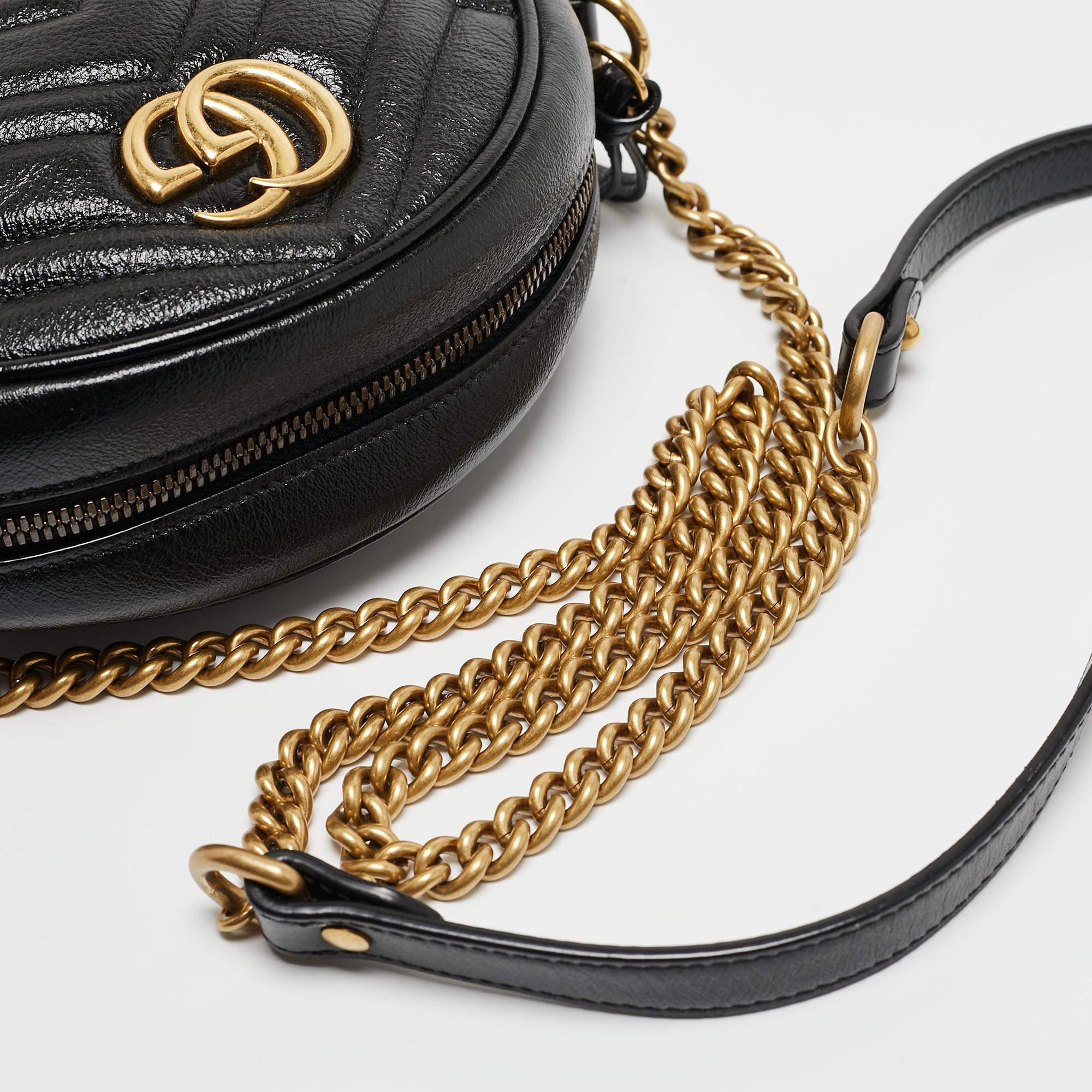 Gucci Black Matelassé Leather Mini GG Marmont Round Crossbody Bag 6