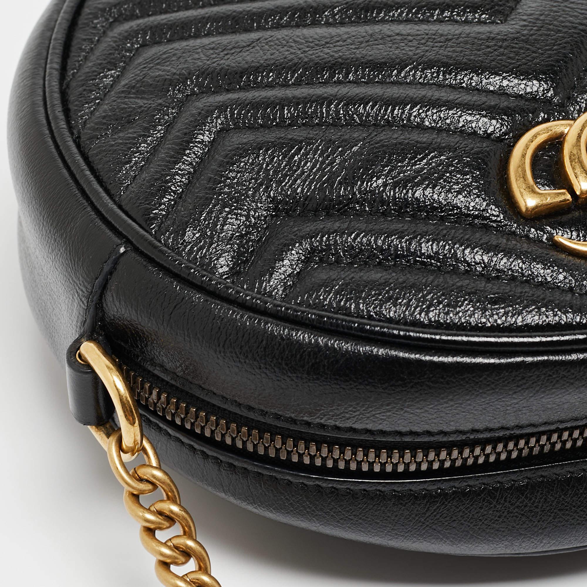 Gucci Black Matelassé Leather Mini GG Marmont Round Crossbody Bag 1