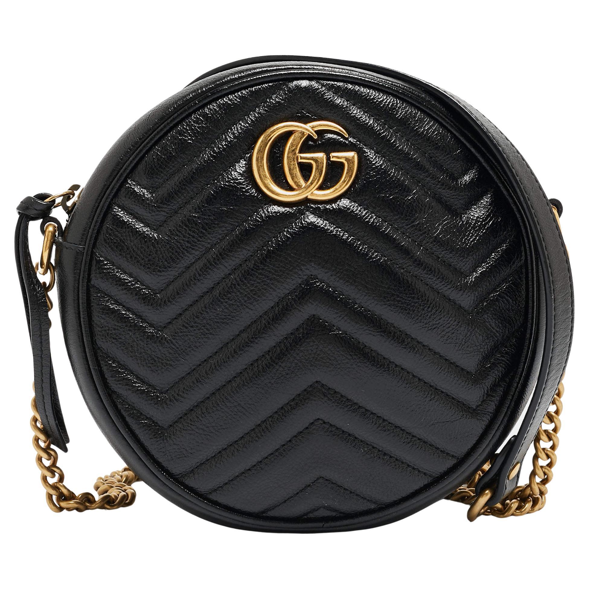 Gucci Black Matelassé Leather Mini GG Marmont Round Crossbody Bag