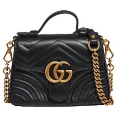 Gucci Black Matelassé Leather Mini GG Marmont Top Handle Bag