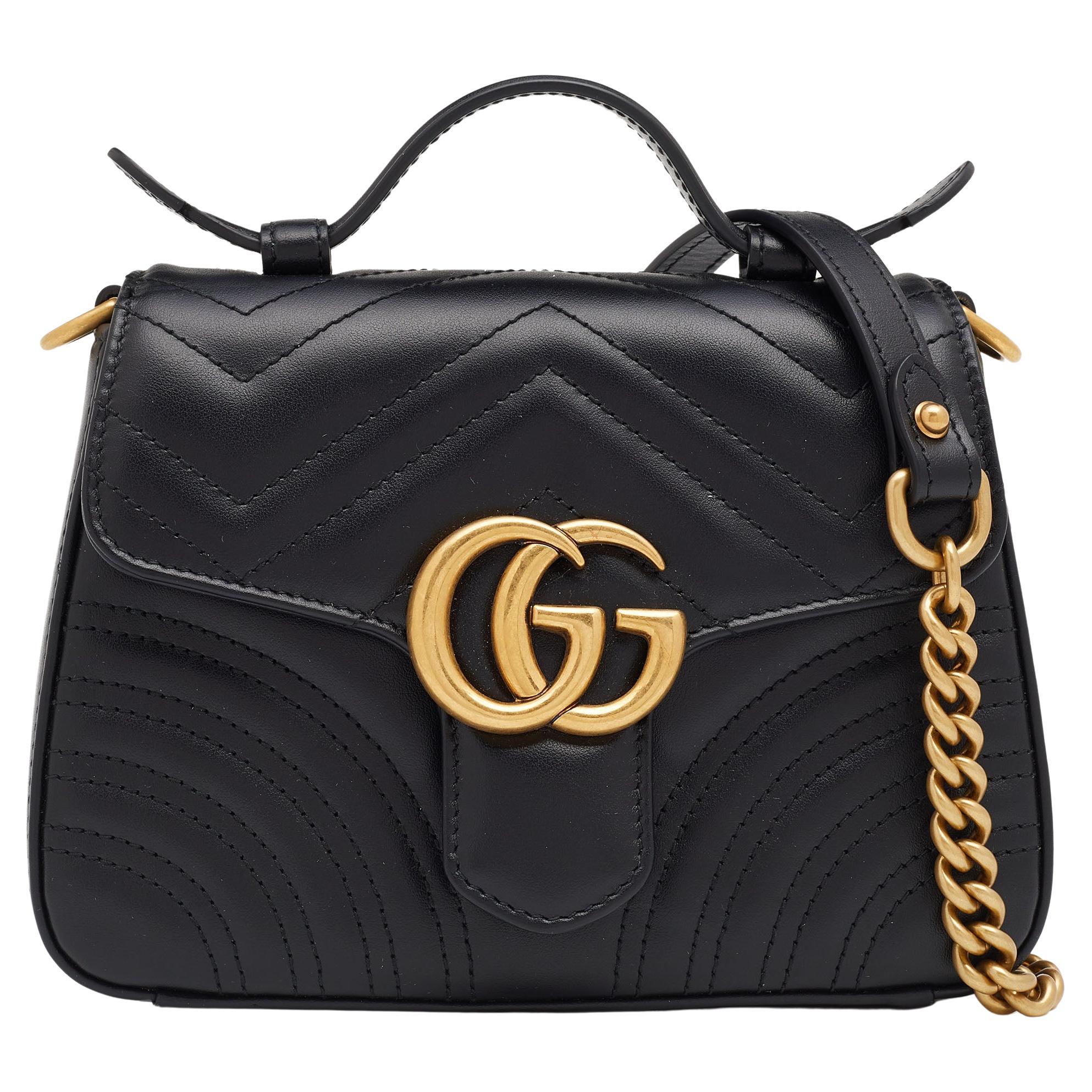 Gucci Black Matelassé Leather Mini GG Marmont Top Handle Bag