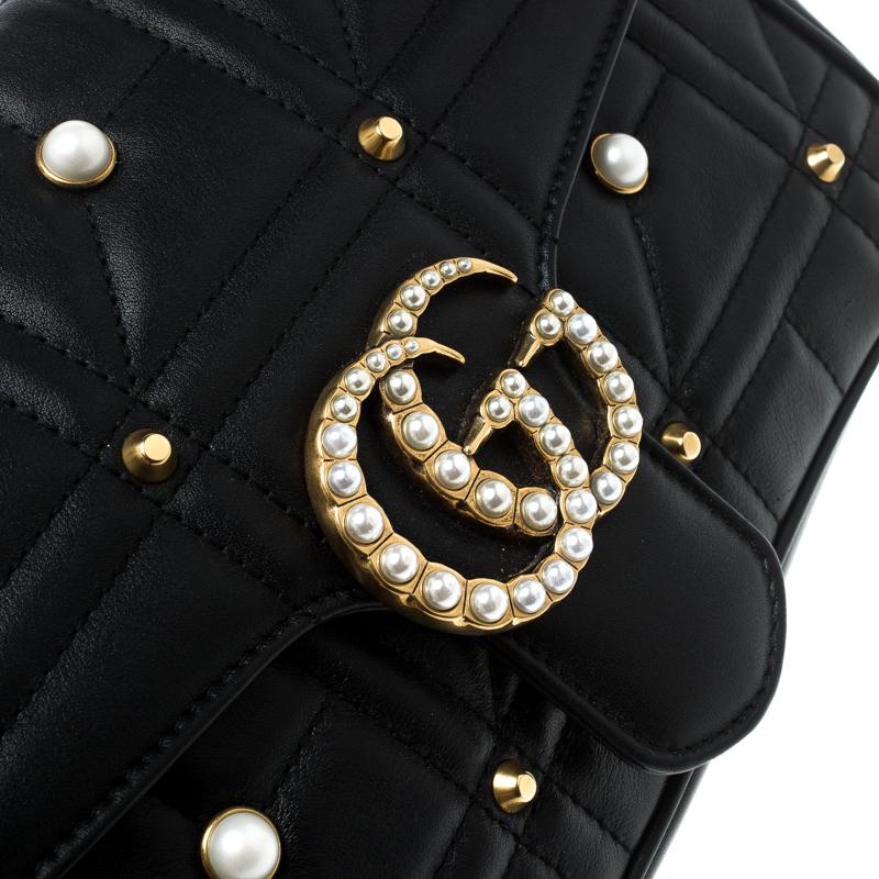 Gucci Black Matelasse Leather Pearl Embellished GG Marmont Shoulder Bag 4