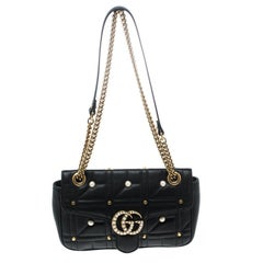 Gucci Black Matelasse Leather Pearl Embellished GG Marmont Shoulder Bag