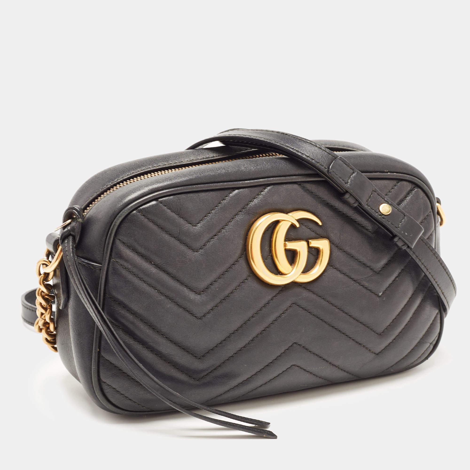 Women's Gucci Black Matelassé Leather Small GG Marmont Camera Bag
