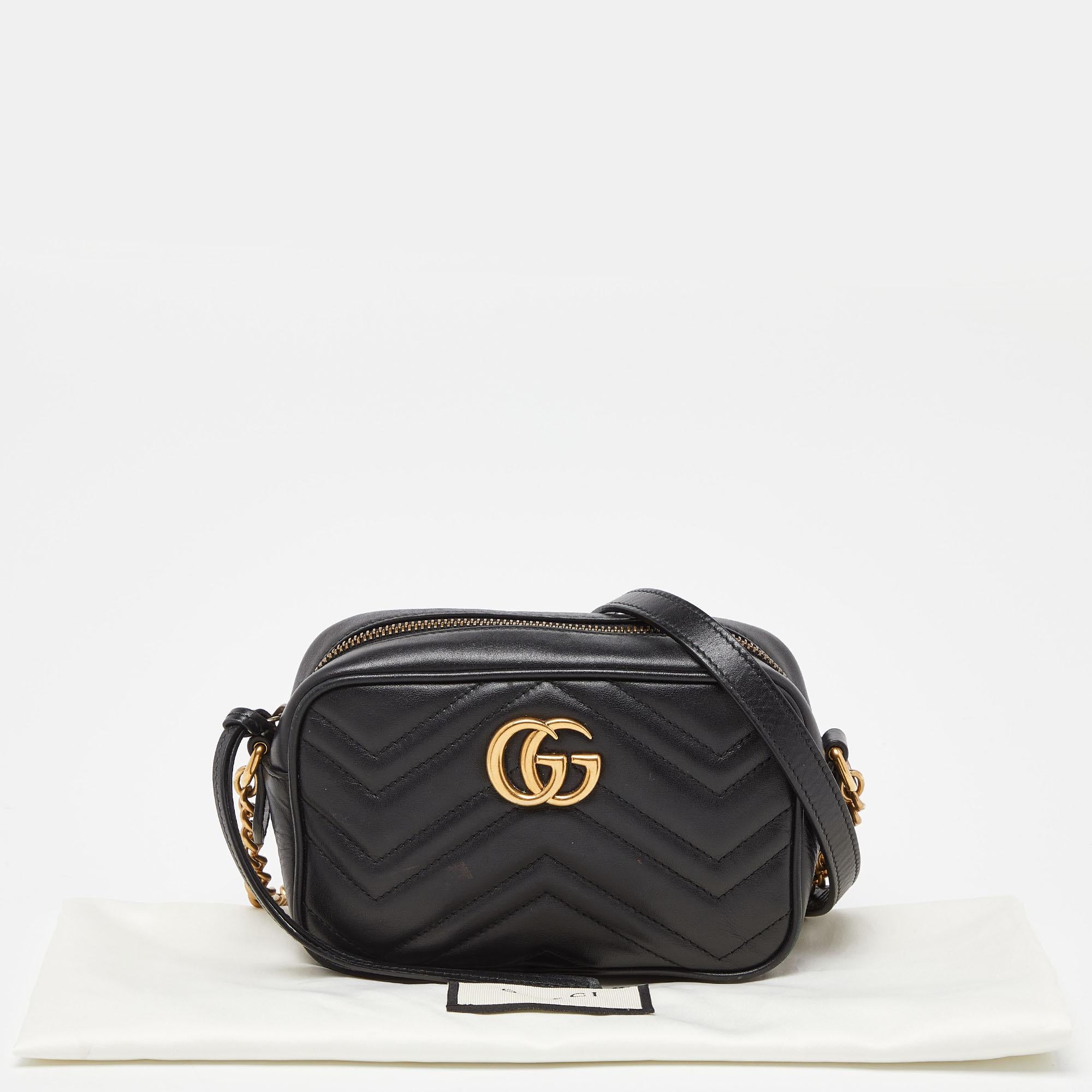 Gucci Black Matelassé Leather Small GG Marmont Camera Bag For Sale 3