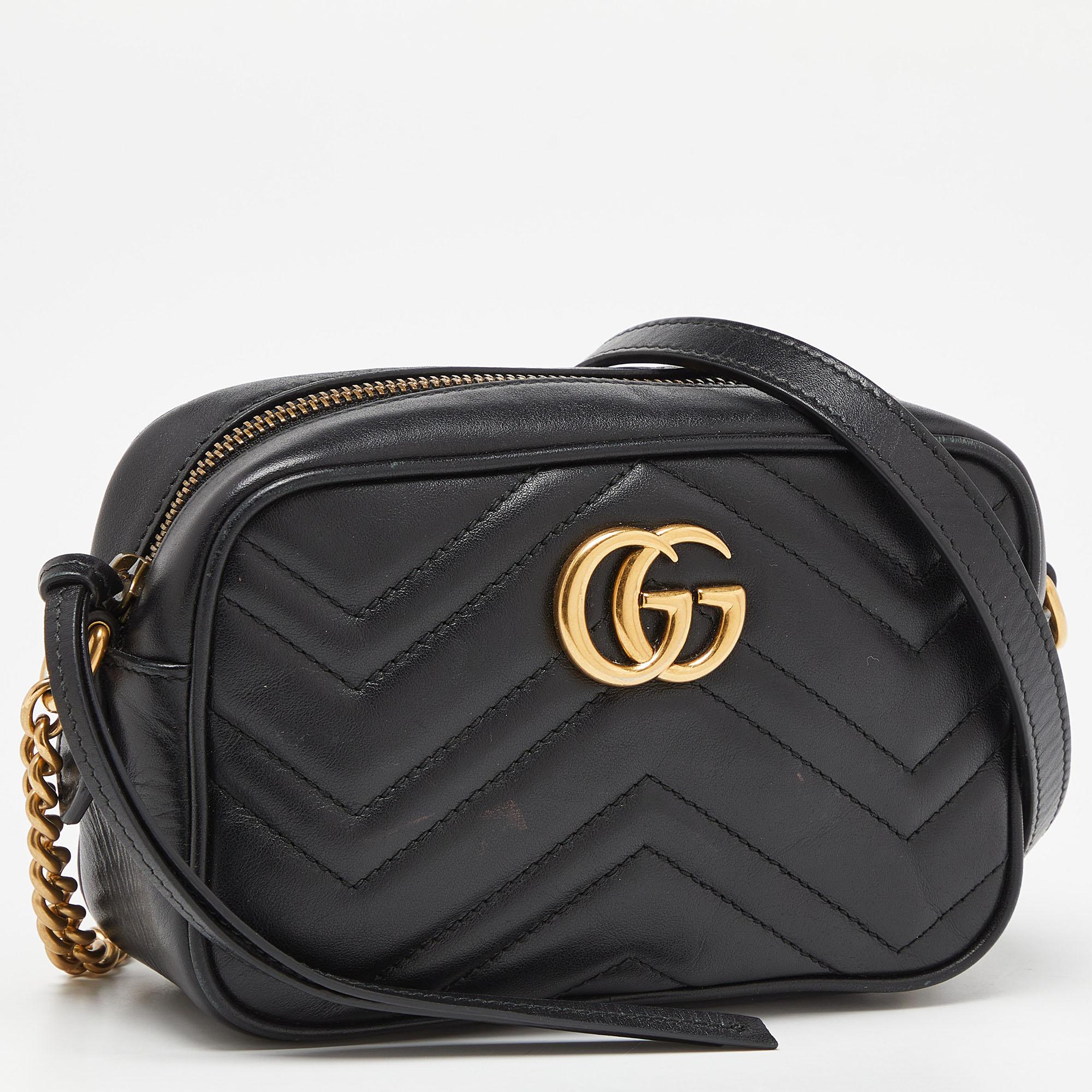 Gucci Black Matelassé Leather Small GG Marmont Camera Bag For Sale 5
