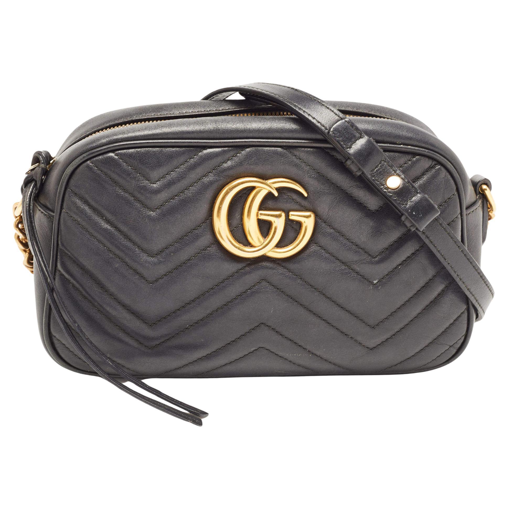 Gucci Black Matelassé Leather Small GG Marmont Camera Bag