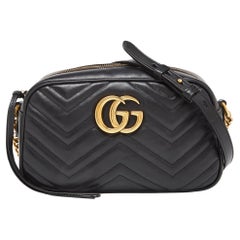 Used Gucci Black Matelassé Leather Small GG Marmont Camera Bag