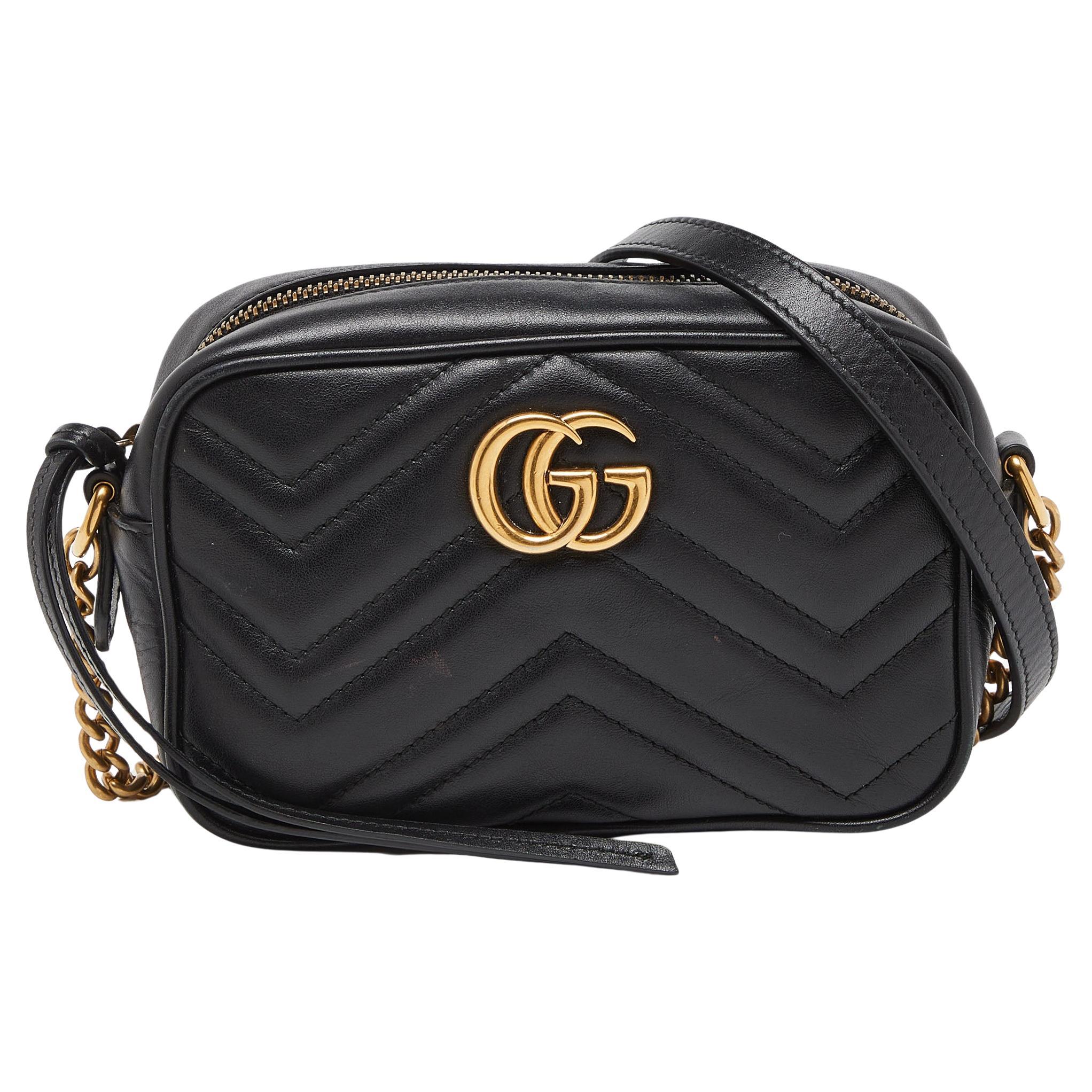 Gucci Black Matelassé Leather Small GG Marmont Camera Bag For Sale