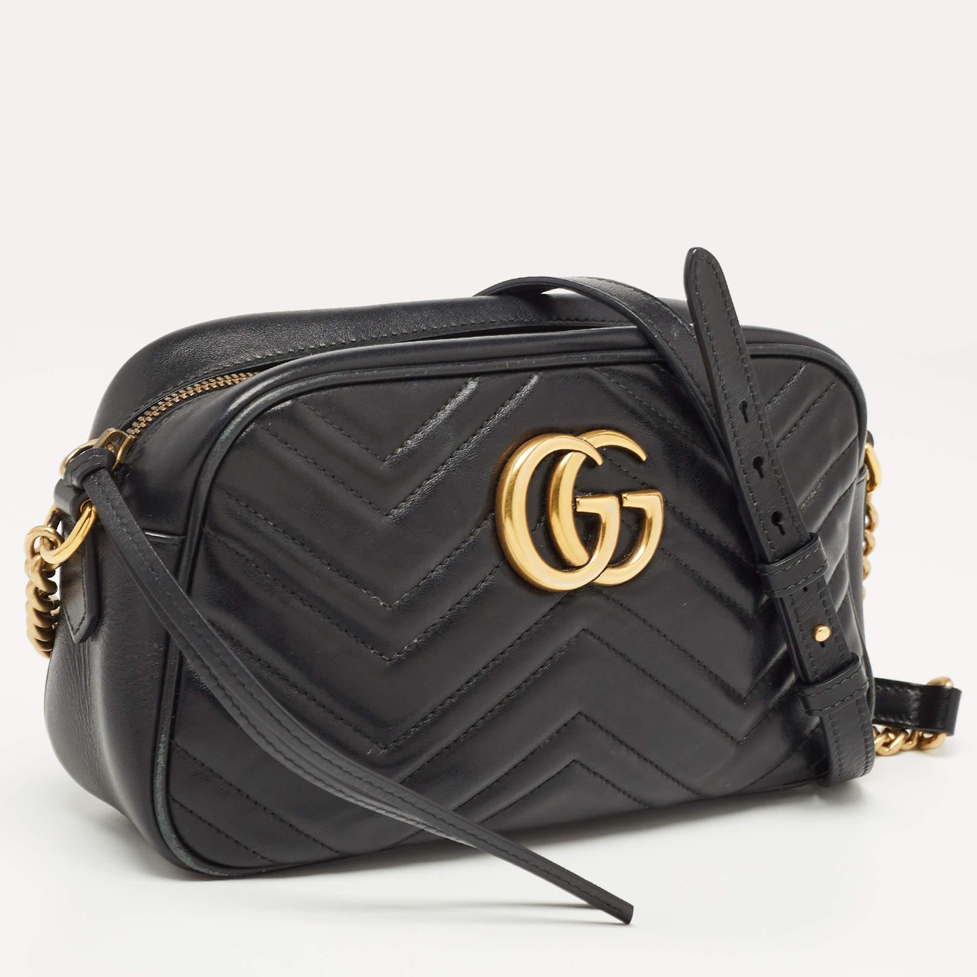 Women's Gucci Black Matelassé Leather Small GG Marmont Camera Crossbody Bag