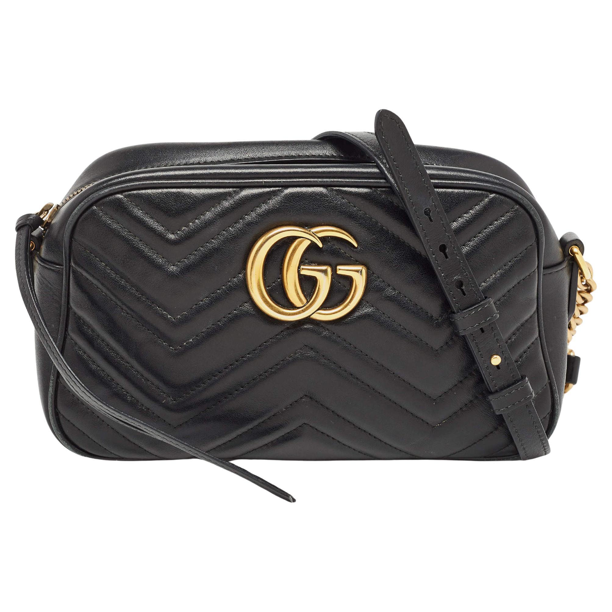 Gucci Black Matelassé Leather Small GG Marmont Camera Crossbody Bag